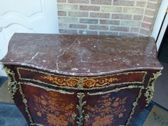 Napoleon III style Two door cabinet with flower marquetry and red marble top in different woods, gilded bronze and marble, France 1860