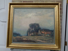 style Painting of a farm by Jacques Douven 1908-2002 in gilded frame in oil on canvas , Belgium 1960