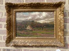 style Painting of a landscape of a small village in oil on canvas in a gilded frame, Belgium 1900