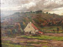 style Painting of a landscape of a small village in oil on canvas in a gilded frame, Belgium 1900