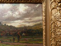 style Painting of a landscape of a small village in oil on canvas in a gilded frame, Belgium 1900