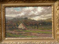 style Painting of a landscape of a small village in oil on canvas in a gilded frame, Belgium 1900