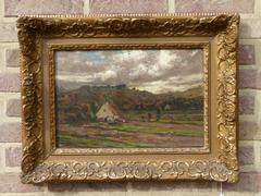 style Painting of a landscape of a small village in oil on canvas in a gilded frame, Belgium 1900