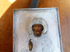 style Russian icon with silver in silver and painted wood, Russia different stamps 84 ,1867, A O, NK and . 1867