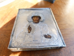 style Russian icon with silver in silver and painted wood, Russia different stamps 84 ,1867, A O, NK and . 1867