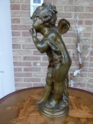 style Sulpture by Auguste Moreau of a winged putto giving hand kisses in patinated bronze, France 1880