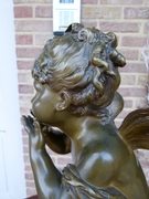 style Sulpture by Auguste Moreau of a winged putto giving hand kisses in patinated bronze, France 1880